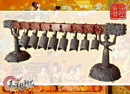 8件古編鐘，銅人銅座裝飾，可發音